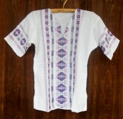 画像1: グアテマラ　メンズ刺繍クルタ　白地/紫刺繍　(2)
