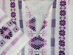 画像3: グアテマラ　メンズ刺繍クルタ　白地/紫刺繍　(2)