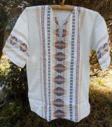 グアテマラ　メンズ刺繍クルタ　白地/茶色刺繍　2