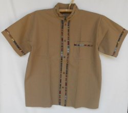 画像1: メキシコ　メンズ　スタンドカラー　織布（カラフル）付き　ブラウス　シャツ　ベージュ