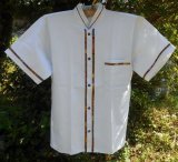 メキシコ　メンズ　スタンドカラー　織布（カラフル）付き　ブラウス　シャツ　ホワイト