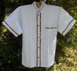 画像1: メキシコ　メンズ　スタンドカラー　織布（カラフル）付き　ブラウス　シャツ　ホワイト