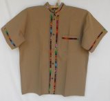 メキシコ　メンズ　スタンドカラー　織布（カラフル）付き　ブラウス　シャツ　ベージュ