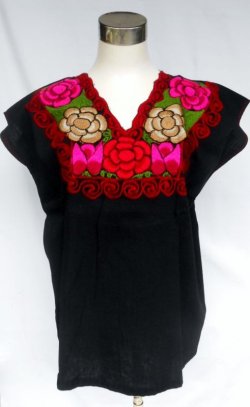 画像1: ☆メキシコ　シナカンタン村　刺繍　ブラウス　ブラック2☆