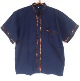 メキシコ　メンズ　スタンドカラー　織布（カラフル）付き　ブラウス　シャツ　藍色