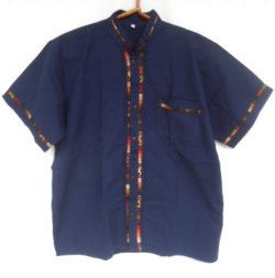 画像1: メキシコ　メンズ　スタンドカラー　織布（カラフル）付き　ブラウス　シャツ　藍色