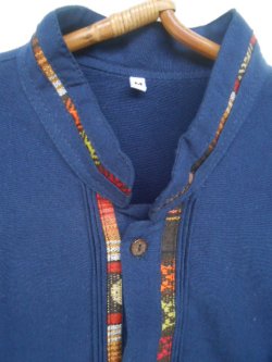 画像2: メキシコ　メンズ　スタンドカラー　織布（カラフル）付き　ブラウス　シャツ　藍色