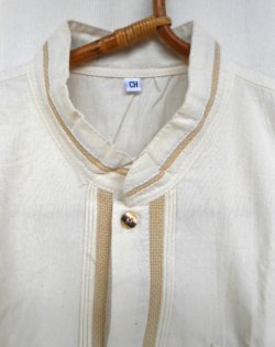 画像2: メキシコ　メンズ　スタンドカラー　織布付き　ブラウス　シャツ　生成り