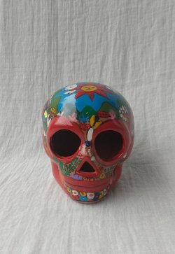 画像1: メキシコ　ガイコツ　スカル　陶器　置物　レッド