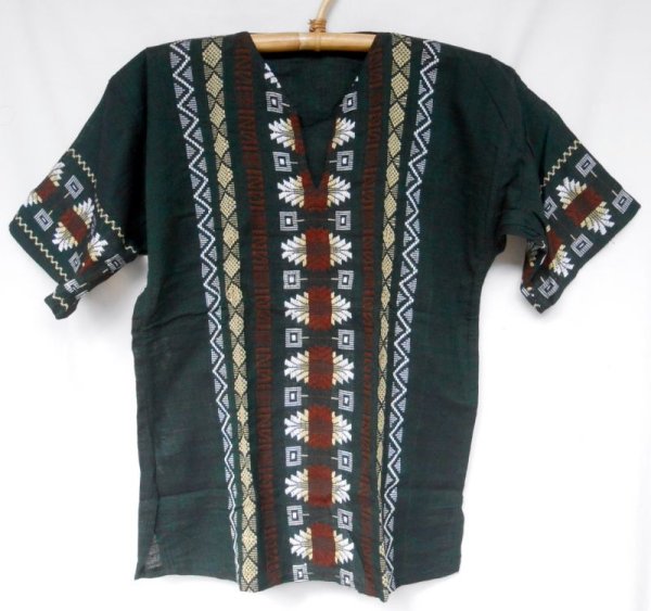 画像1: グアテマラ　メンズ刺繍クルタ　緑地/茶色刺繍 (1)