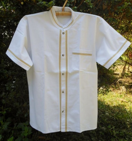 画像1: メキシコ　メンズ　スタンドカラー　織布付き　ブラウス　シャツ　ホワイト (1)