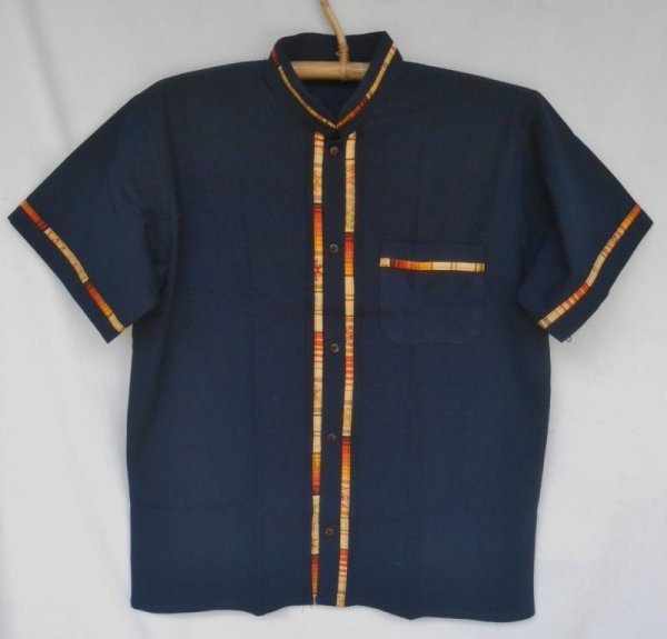 画像1: メキシコ　メンズ　スタンドカラー　織布（カラフル）付き　ブラウス　シャツ　藍色 (1)