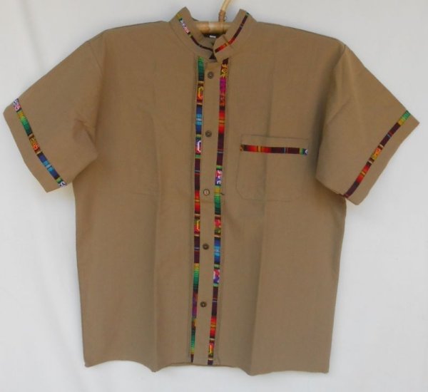 画像1: メキシコ　メンズ　スタンドカラー　織布（カラフル）付き　ブラウス　シャツ　ベージュ (1)